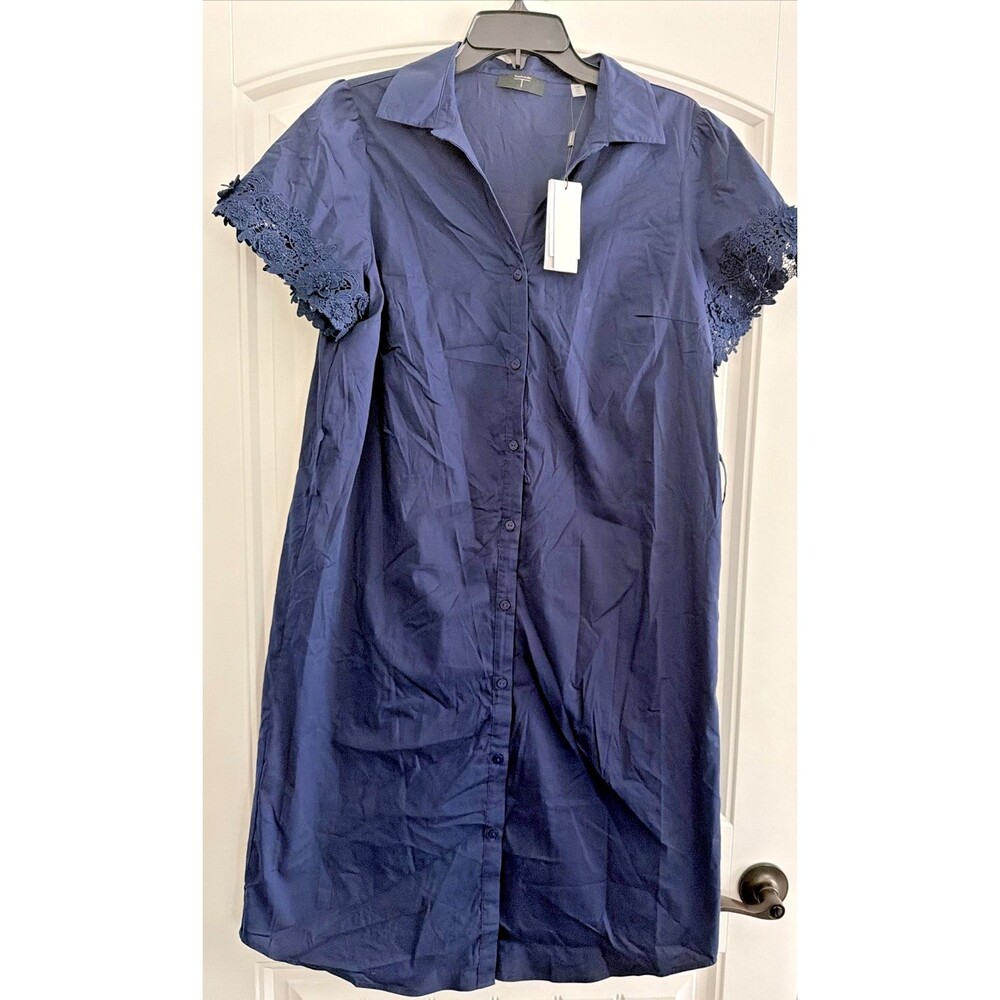 T Tahari Women's Lace-Trim Short-Sleeve Shirt Dress Navy Blue L (MISSING BELT) - Picture 2 of 6